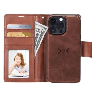 Leather Wallet Hanman 2 in 1 Detachable Magnetic Flip Cover Case for iPhone 15 Pro Max - Brown