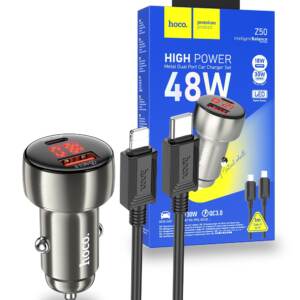 Hoco Z50 48W PD QC Car Charger With PD Lightning Cable - Gray